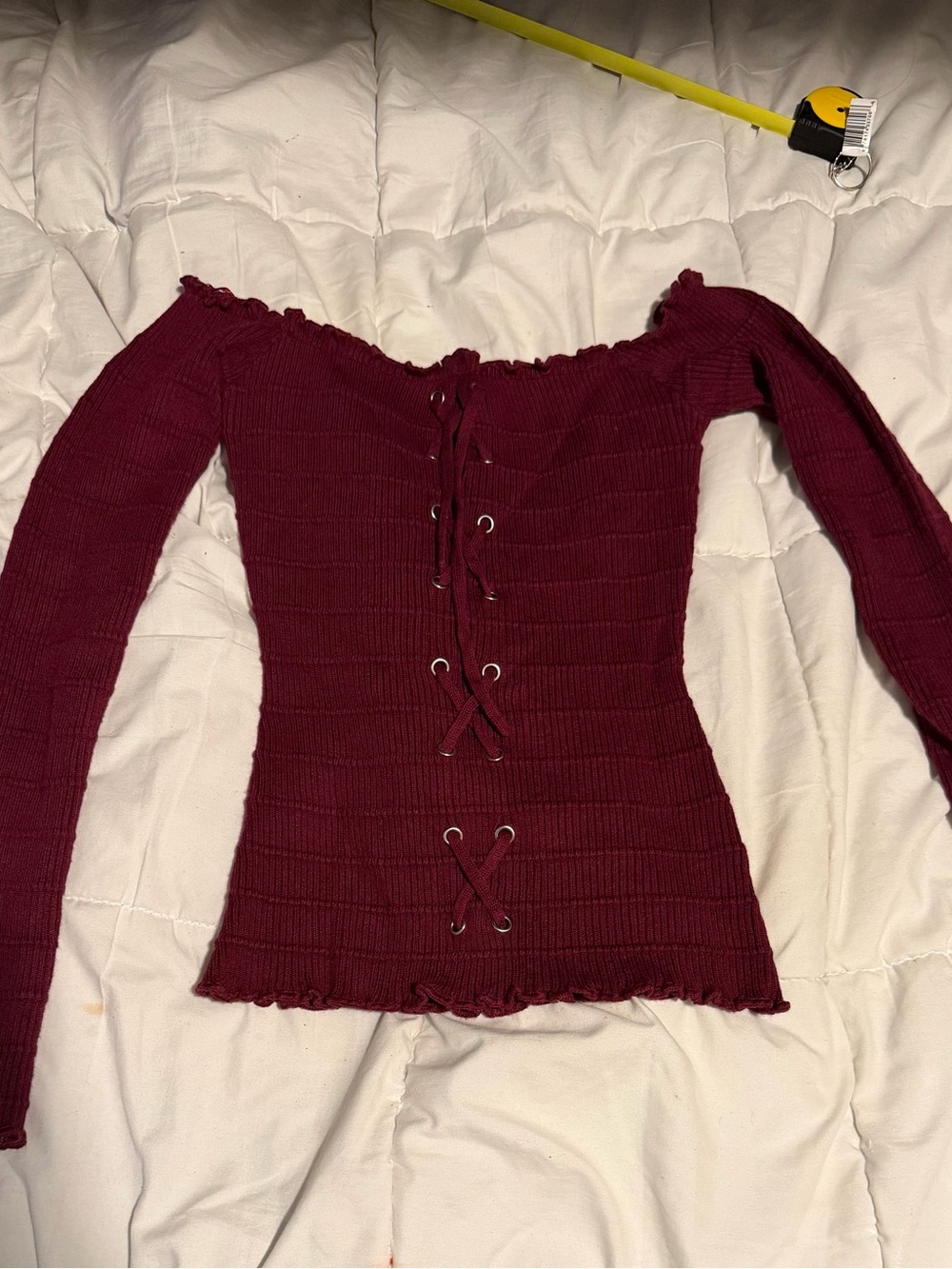 Ambiance Off-Shoulder Lace-Up Ribbed Sweater - Burgundy
